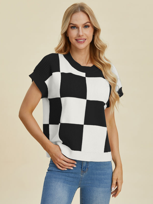 Double Take Full Size Checkered Round Neck Short Sleeve Sweater - 1985 the VAULT Boutique