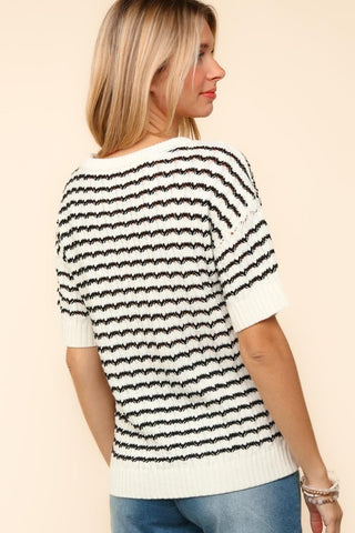 Haptics Openwork Striped Round Neck Half Sleeve Knit Top - 1985 the VAULT Boutique