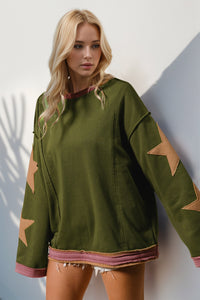 Double Take Star Patched Long Sleeve Sweatshirt - 1985 the VAULT Boutique