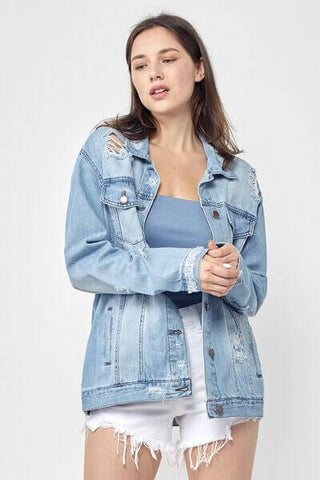 RISEN Full Size Distressed Long Sleeve Denim Jacket Plus Size - 1985 the VAULT Boutique