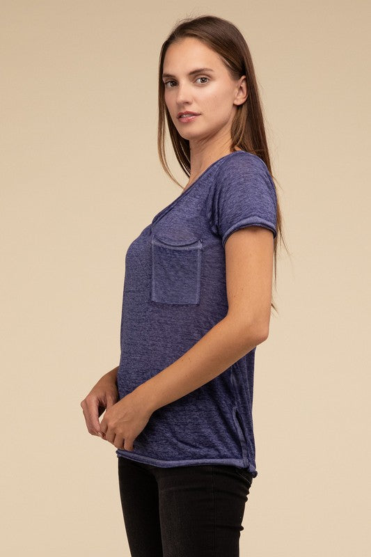 Basic Washed Melange Burnout Scoop V-Neck Top - 1985 the VAULT Boutique