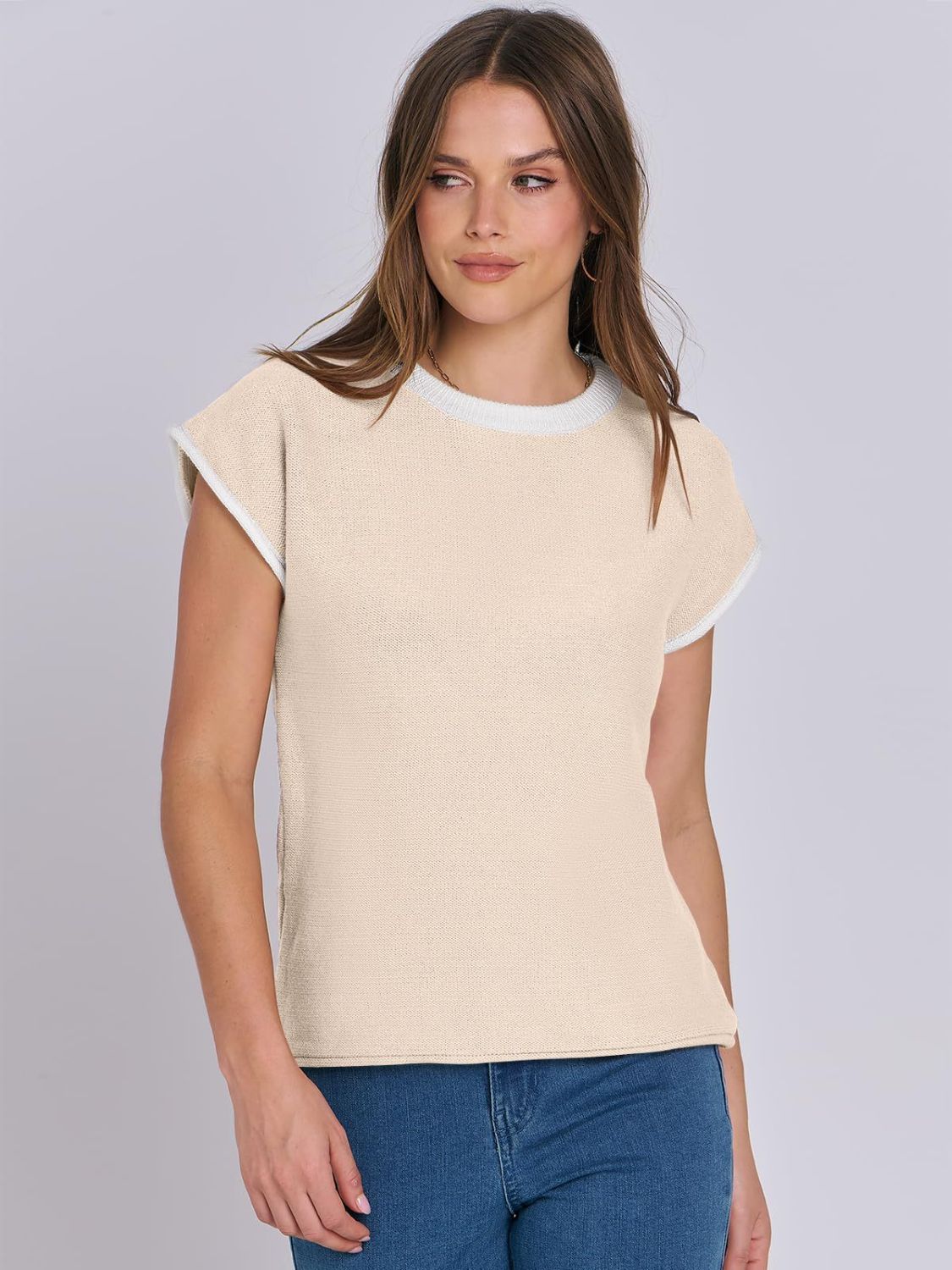 Mandy Contrast Round Neck Cap Sleeve Sweater - 1985 the VAULT Boutique