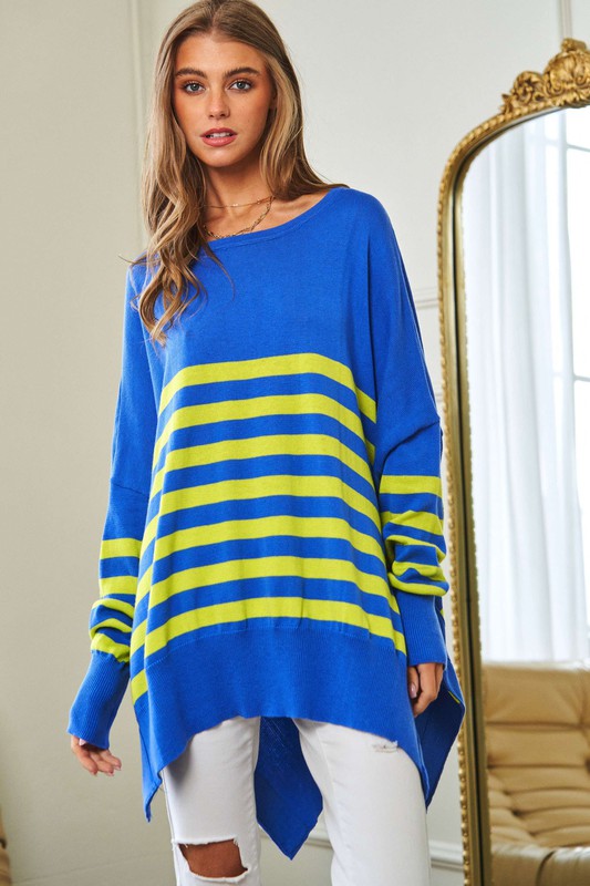 Multi Striped Elbow Patch Loose Fit Sweater Top - 1985 the VAULT Boutique