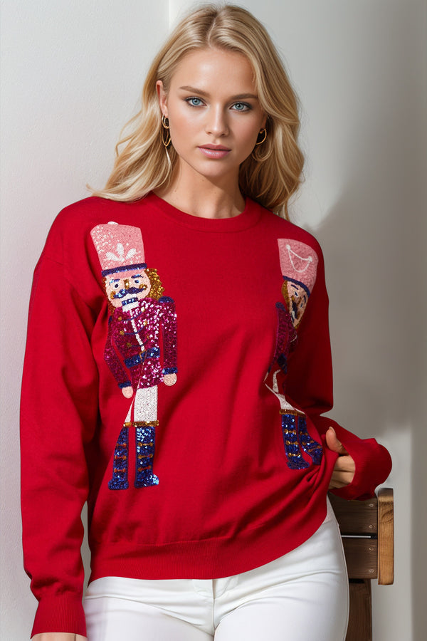 Double Take Full Size Nutcracker Sequin Long Sleeve Sweater - 1985 the VAULT Boutique