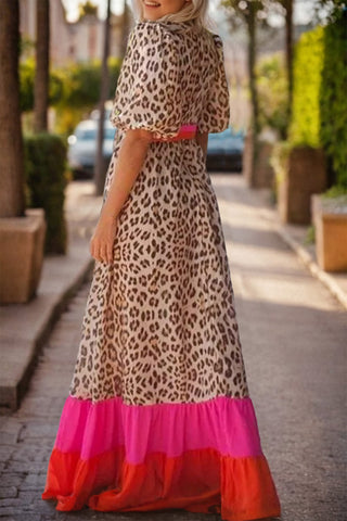 Full Size Leopard V-Neck Half Sleeve Maxi Dress - 1985 the VAULT Boutique