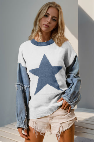 Double Take Full Size Star Pattern Raw Edge Long Sleeve Sweater - 1985 the VAULT Boutique