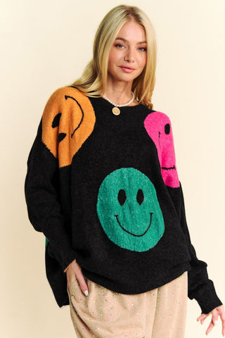 Davi & Dani Contrast Smile Round Neck Oversize Sweater - 1985 the VAULT Boutique