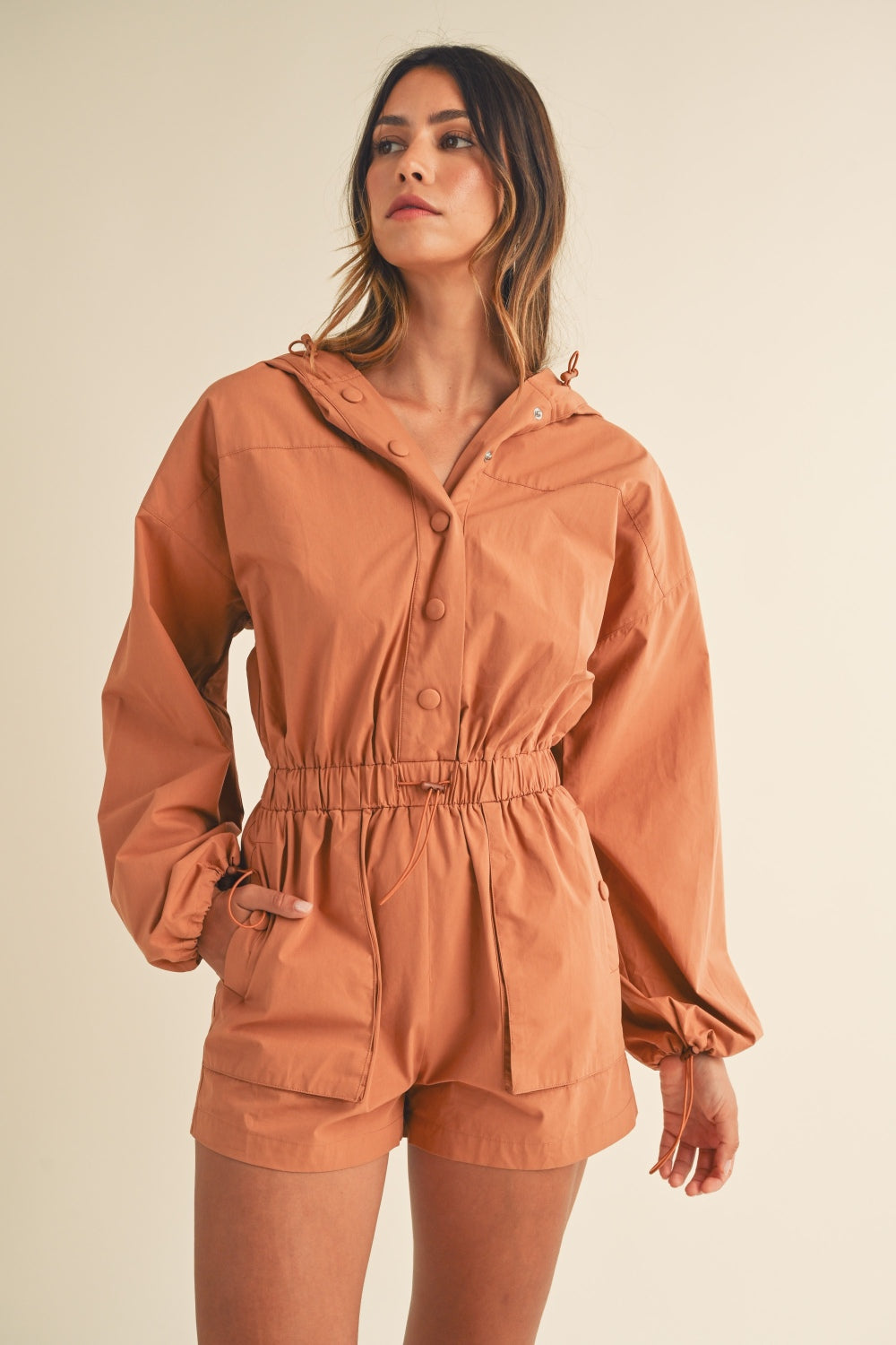 Mable Snap Down Long Sleeve Hooded Romper - 1985 THE VAULT