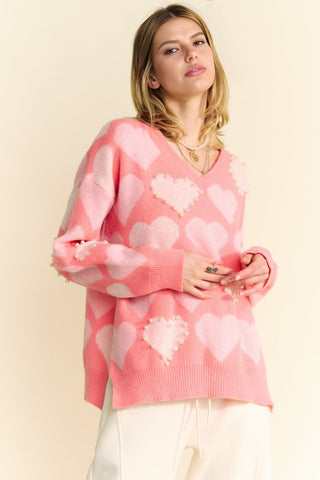 Davi & Dani Heart Pearl Side Slit V Neck Sweater - 1985 the VAULT Boutique