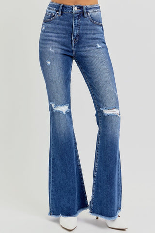 RISEN Full Size High Rise Distressed Raw Hem Flare Jeans - 1985 the VAULT Boutique