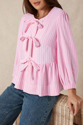 Tied Bow Striped Round Neck Blouse - 1985 the VAULT Boutique