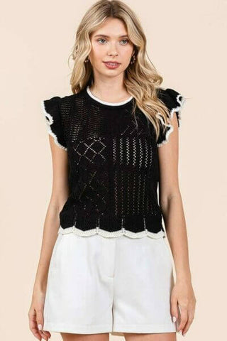 Mittoshop Openwork Contrast Trim Ruffled Cap Sleeve Knit Top - 1985 the VAULT Boutique