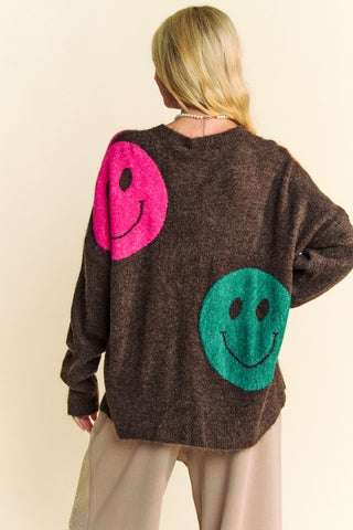 Davi & Dani Contrast Smile Round Neck Oversize Sweater - 1985 the VAULT Boutique