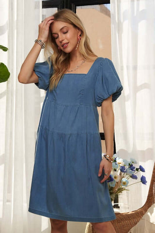 ADORA Square Neck Puff Sleeve Denim Dress - 1985 the VAULT Boutique