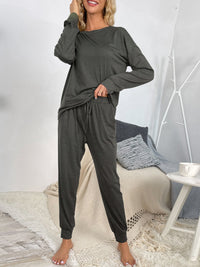 Shiny Round Neck Top and Drawstring Pants Lounge Set - 1985 the VAULT Boutique