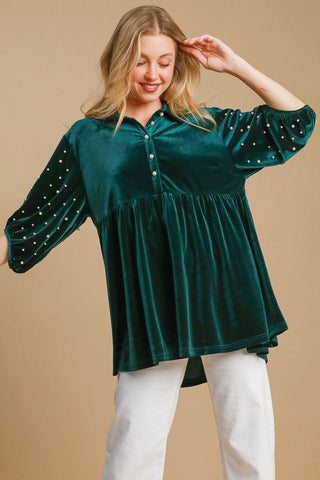 Umgee Pearl Detail Half Sleeve Velvet Babydoll Blouse - 1985 the VAULT Boutique