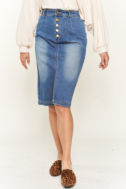 Denim Button Down Front Midi Skirt - 1985 the VAULT Boutique