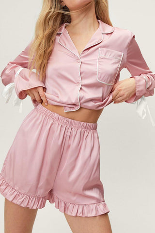 Basic Bae Tied Cuff Collared Neck Top and Frill Shorts Lounge Set - 1985 the VAULT Boutique