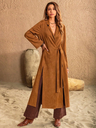 Slit Tied Collared Neck Longline Coat - 1985 the VAULT Boutique