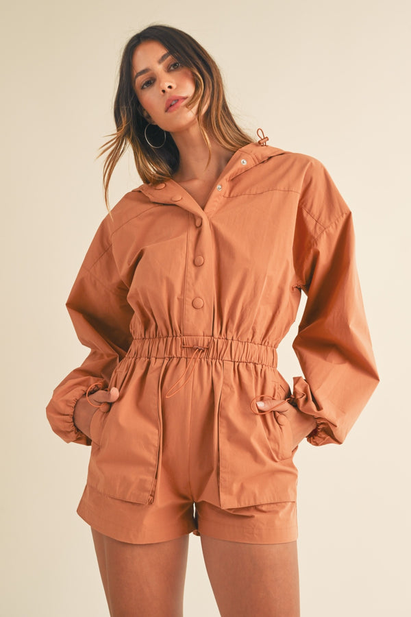 Mable Snap Down Long Sleeve Hooded Romper - 1985 THE VAULT