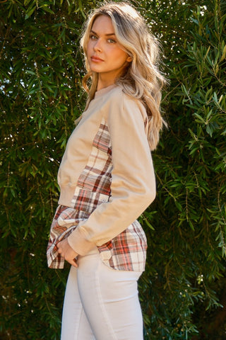 And The Why Full Size Double Layered Plaid Contrast Sweatshirt - 1985 the VAULT Boutique