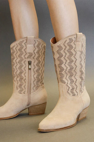 Beast Fashion Faux Suede Laser Cut Detail Block Heel Boots - 1985 the VAULT Boutique