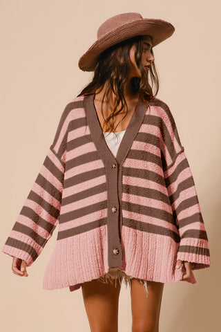 BiBi Slit Striped V-Neck Button Up Cardigan - 1985 the VAULT Boutique