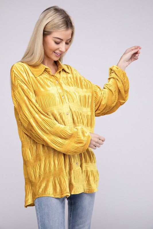 Wrinkle Effect Tiered Shirring Velvet Shirt - 1985 the VAULT Boutique