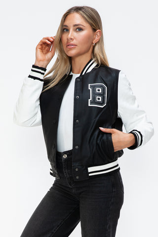 Love Me Now PU Leather Contrast Snap Down Bomber Jacket - 1985 the VAULT Boutique