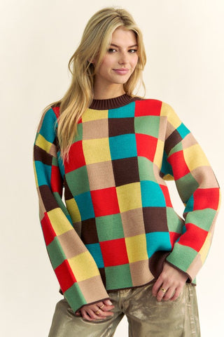 Davi & Dani Color Block Checkered Dropped Shoulder Sweater - 1985 the VAULT Boutique