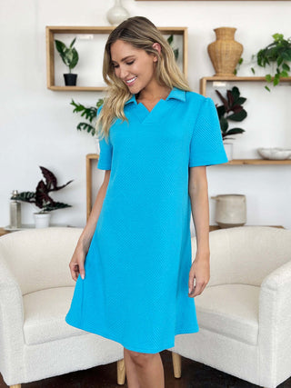 Double Take Full Size Texture Collared Neck Short Sleeve Dress - 1985 the VAULT Boutique