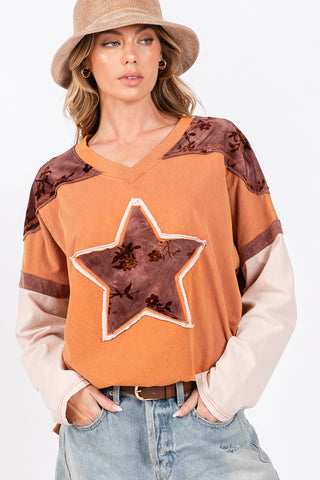 SAGE + FIG Star Patch Long Sleeve Color Block T-Shirt - 1985 the VAULT Boutique