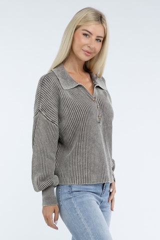 Washed Collared Henley Sweater - 1985 the VAULT Boutique