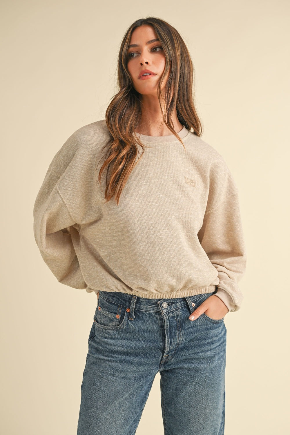 Mable Round Neck Letter Embroidery Crop Sweatshirt - 1985 THE VAULT