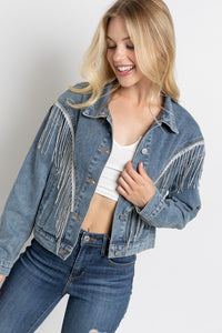 CROP DENIM JACKET WITH RHINESTONE FRINGE - 1985 the VAULT Boutique