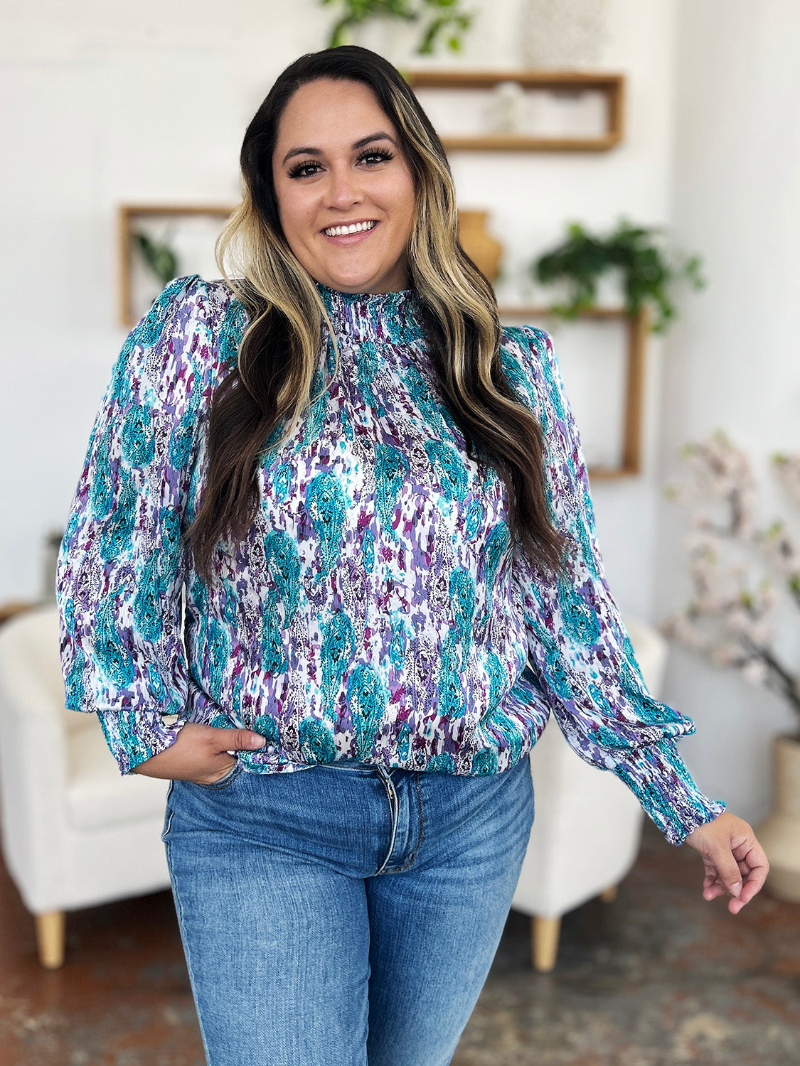 Double Take Full Size Printed Smocked Long Sleeve Blouse - 1985 THE VAULT