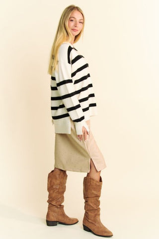 Davi & Dani High-Low Side Slit Striped Johnny Collar Sweater - 1985 the VAULT Boutique