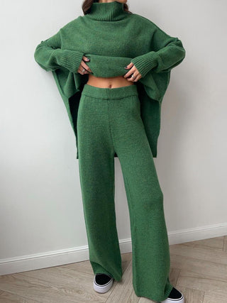 Slit Turtleneck Long Sleeve Top and Pants Sweater Set - 1985 the VAULT Boutique