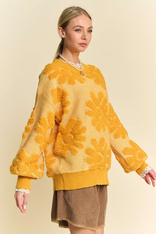 Davi & Dani Flower Texture Round Neck Dropped Shoulder Sweater - 1985 the VAULT Boutique