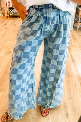 Checkered Wide Leg Jeans with Pockets - 1985 the VAULT Boutique