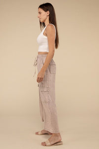 Washed Linen Elastic Band Waist Cargo Pants - 1985 the VAULT Boutique