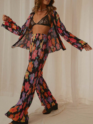 Printed Collared Neck Long Sleeve Top and Pants Lounge Set - 1985 the VAULT Boutique