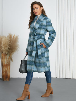 Plaid Tie Waist Long Sleeve Coat - 1985 the VAULT Boutique