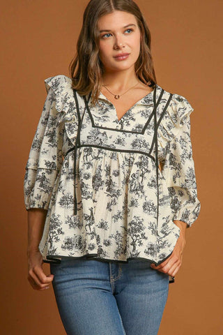 Umgee Ruffled Tie Neck Puff Sleeve Babydoll Blouse - 1985 the VAULT Boutique