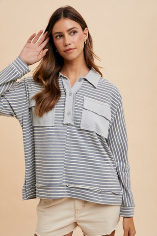 Annie Wear Striped Button Detail Long Sleeve Polo Top - 1985 the VAULT Boutique