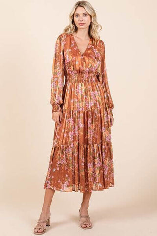 Mittoshop Flower Print Satin Lurex Stripe Smocked Midi Dress - 1985 the VAULT Boutique