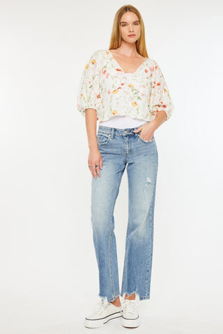 Kancan Mid Rise Frayed Hem Straight Jeans - 1985 the VAULT Boutique