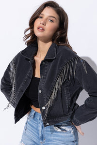 CROP DENIM JACKET WITH RHINESTONE FRINGE - 1985 the VAULT Boutique