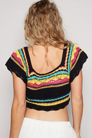 POL Openwork Ethnic Pattern Square Neck Cropped Knit Top - 1985 the VAULT Boutique