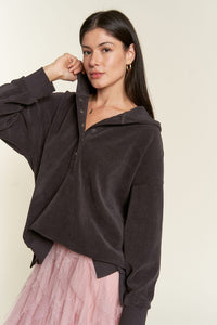 Long Sleeve Button Down Ribbed Hooded Sweatshirt - 1985 the VAULT Boutique